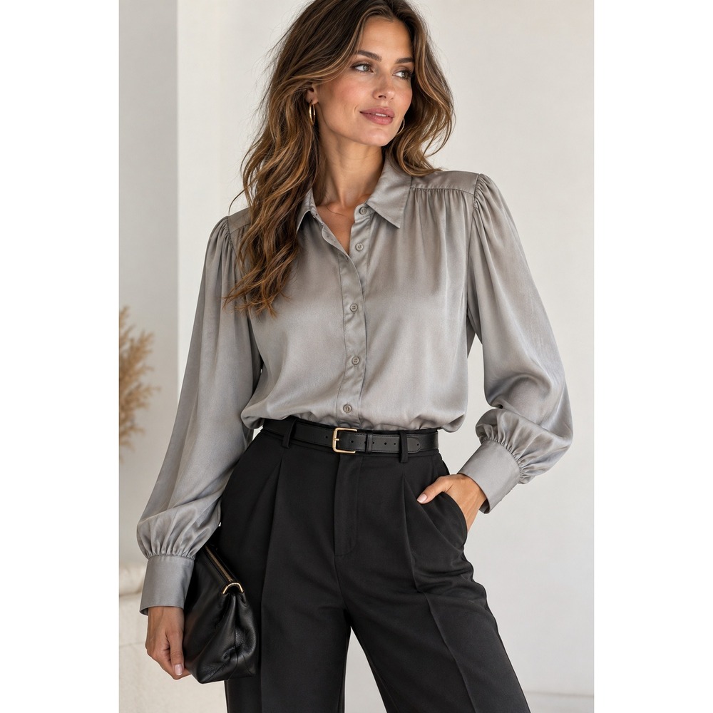 Ann Taylor Blouse Womens L Gray Satin Button Up Long Sleeve Pleated Quiet Luxury